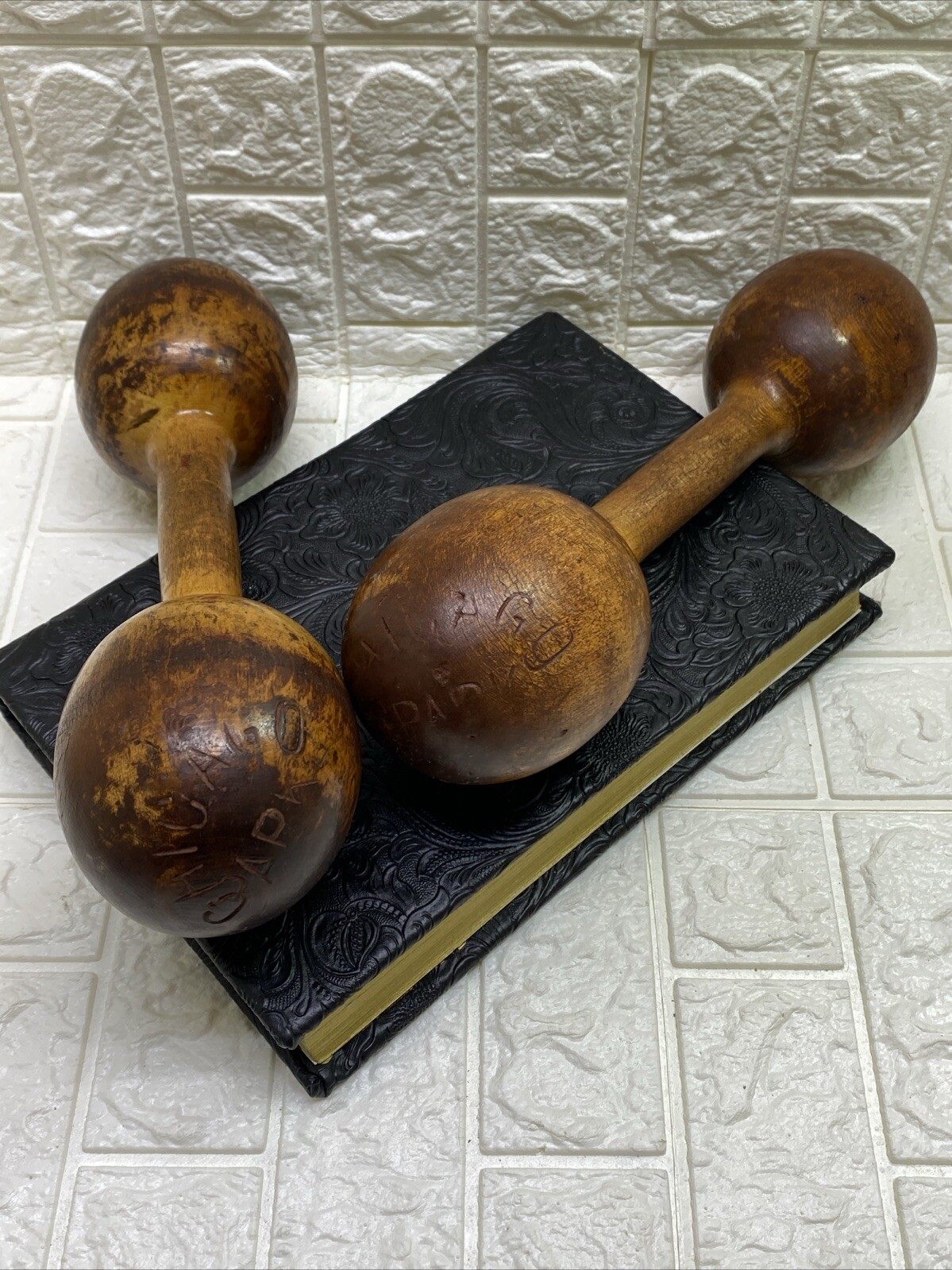 Vintage Dumbbells Two Wooden Chicago Park District Stamped 15.2 oz & 13.8 oz EC