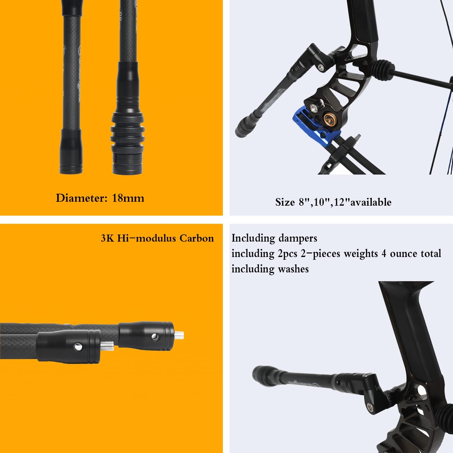 Archery Bow Stabilizer 3K High Modulus Carbon 8" 10" 12" - Reduces Vibration