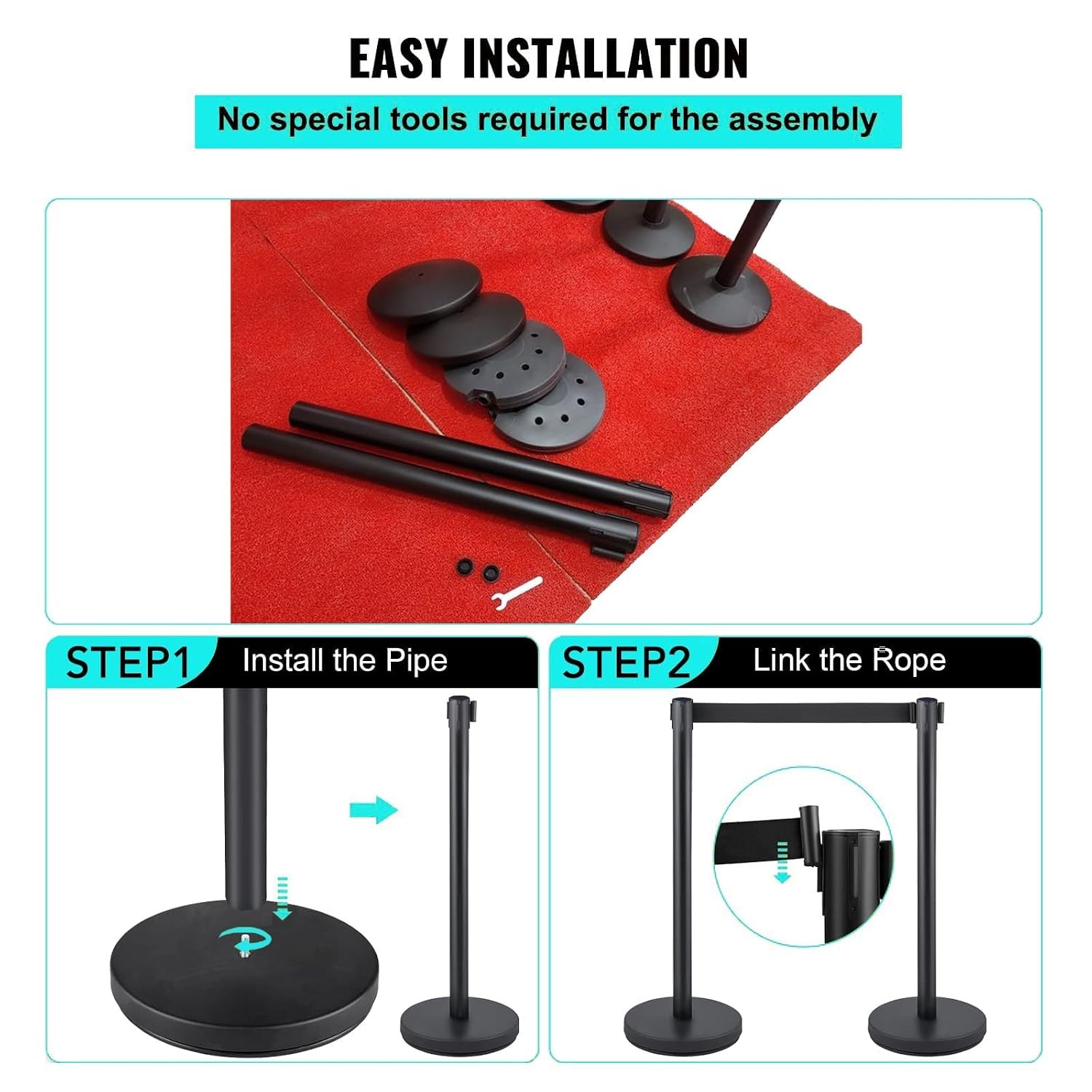 2Pcs Crowd Control Barrier Queue Poles w/ Retractable Belt Stanchion Posts Black