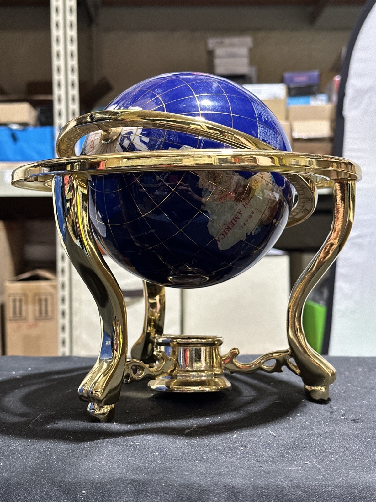 Blue Lapis Tabletop Globe, Rotating, compass, Gold-Finish tripod Base