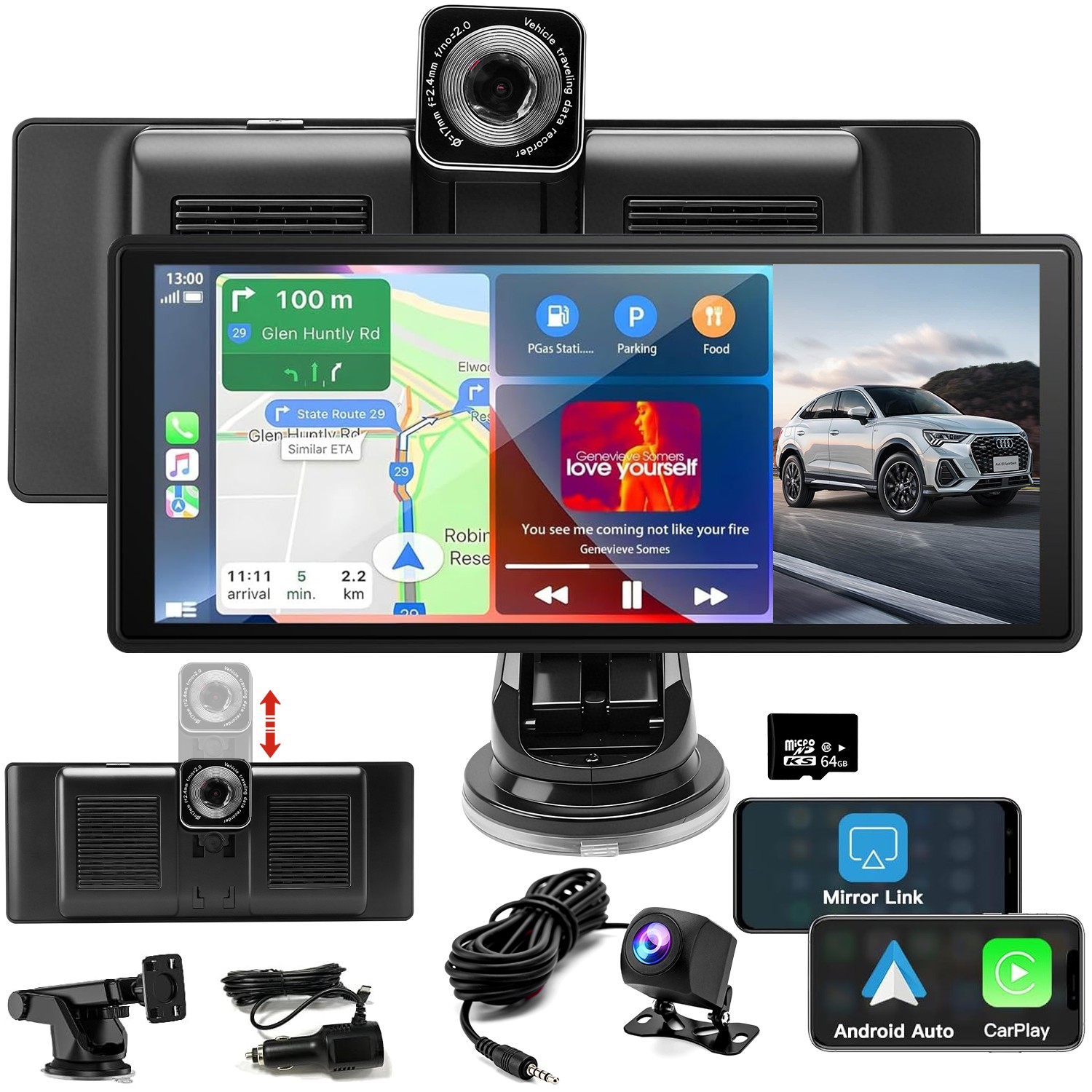 4K Dash Cam Front &1080P Rear Phone Screen Projection For CarPlay,Android Auto
