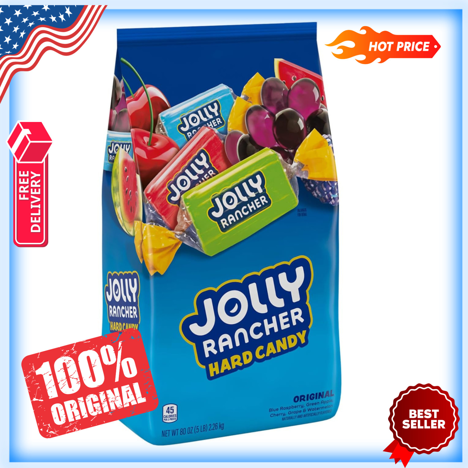 JOLLY RANCHER Assorted Fruit Flavored Hard Candy Bulk Bag 5 lb Orjinal Calori US