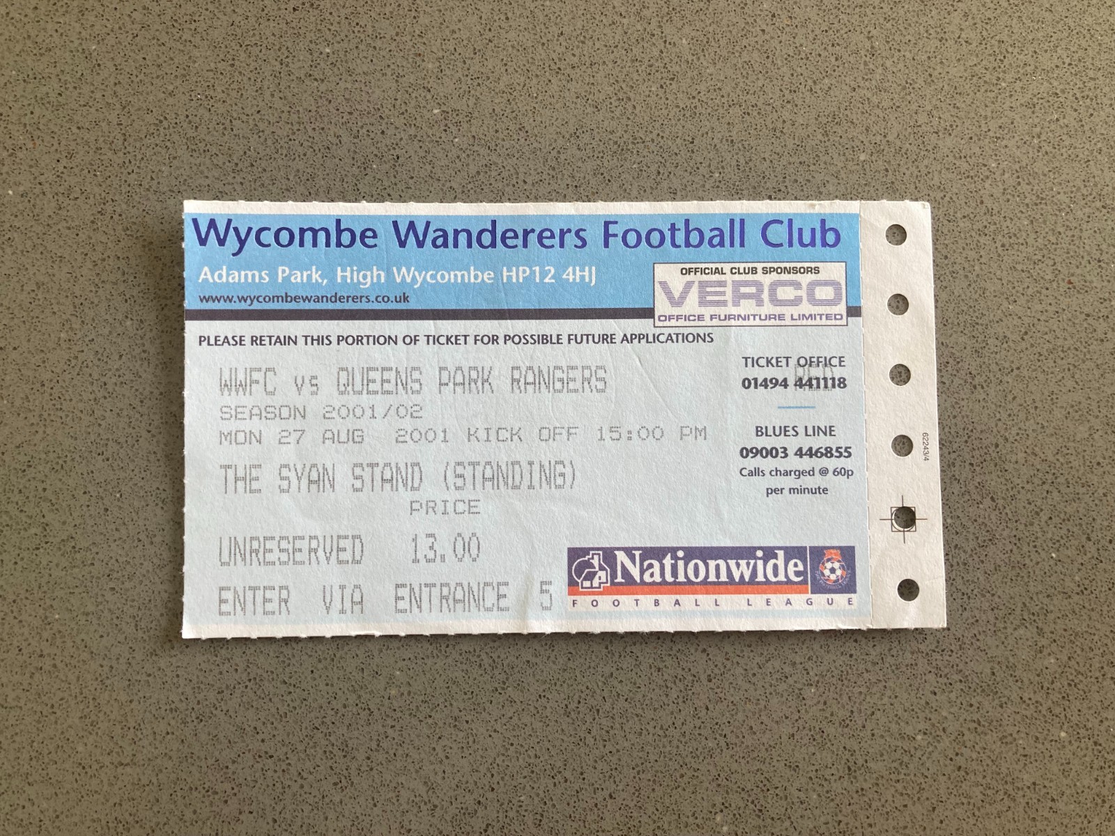 Wycombe Wanderers v Queens Park Rangers 2001-02 Match Ticket