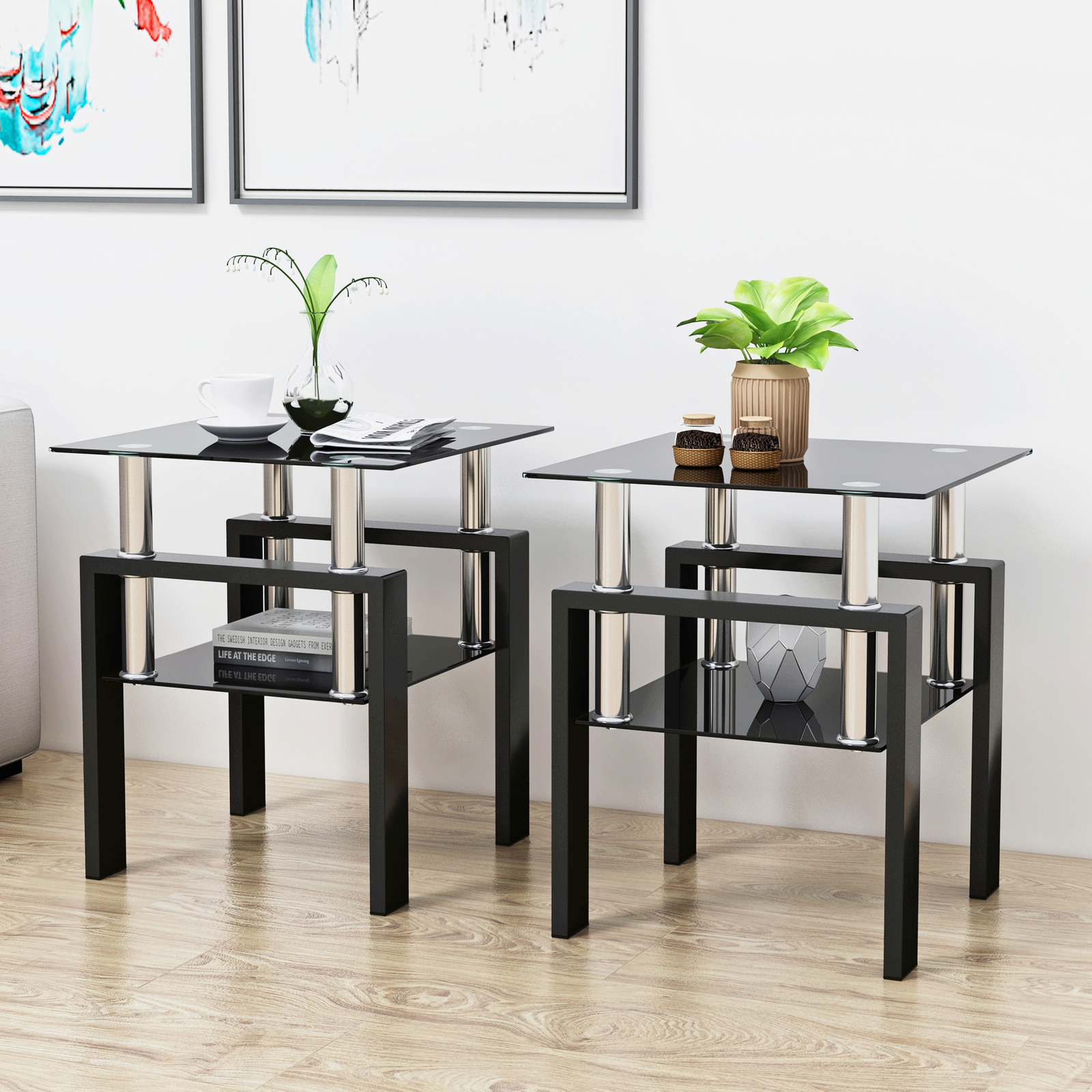 2-Tier End Table Set of 2, Square Tempered Glass Side Table w/Shelf & Metal Legs
