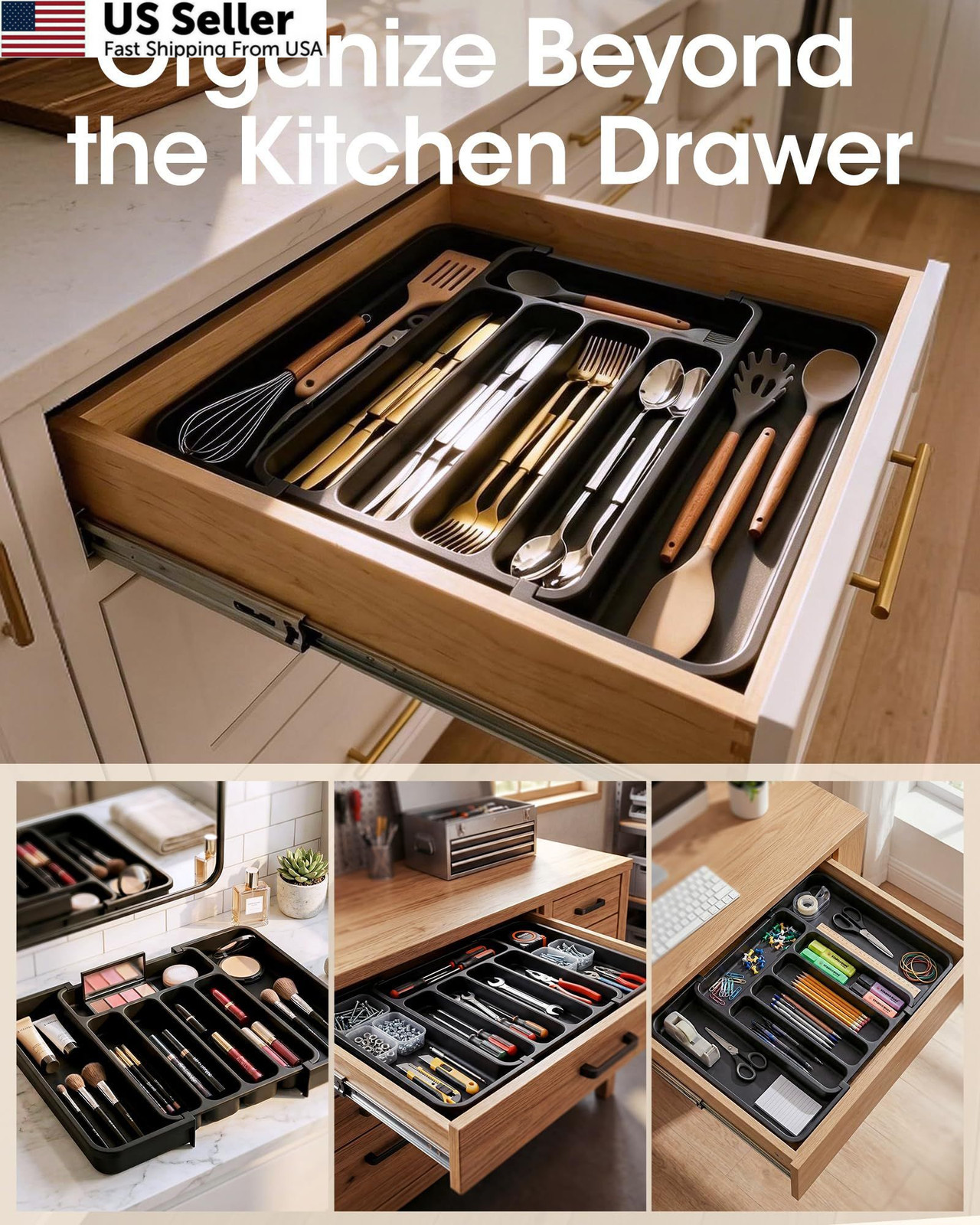 Aujen Silverware Organizer - Expandable Kitchen Drawer Medium, Black