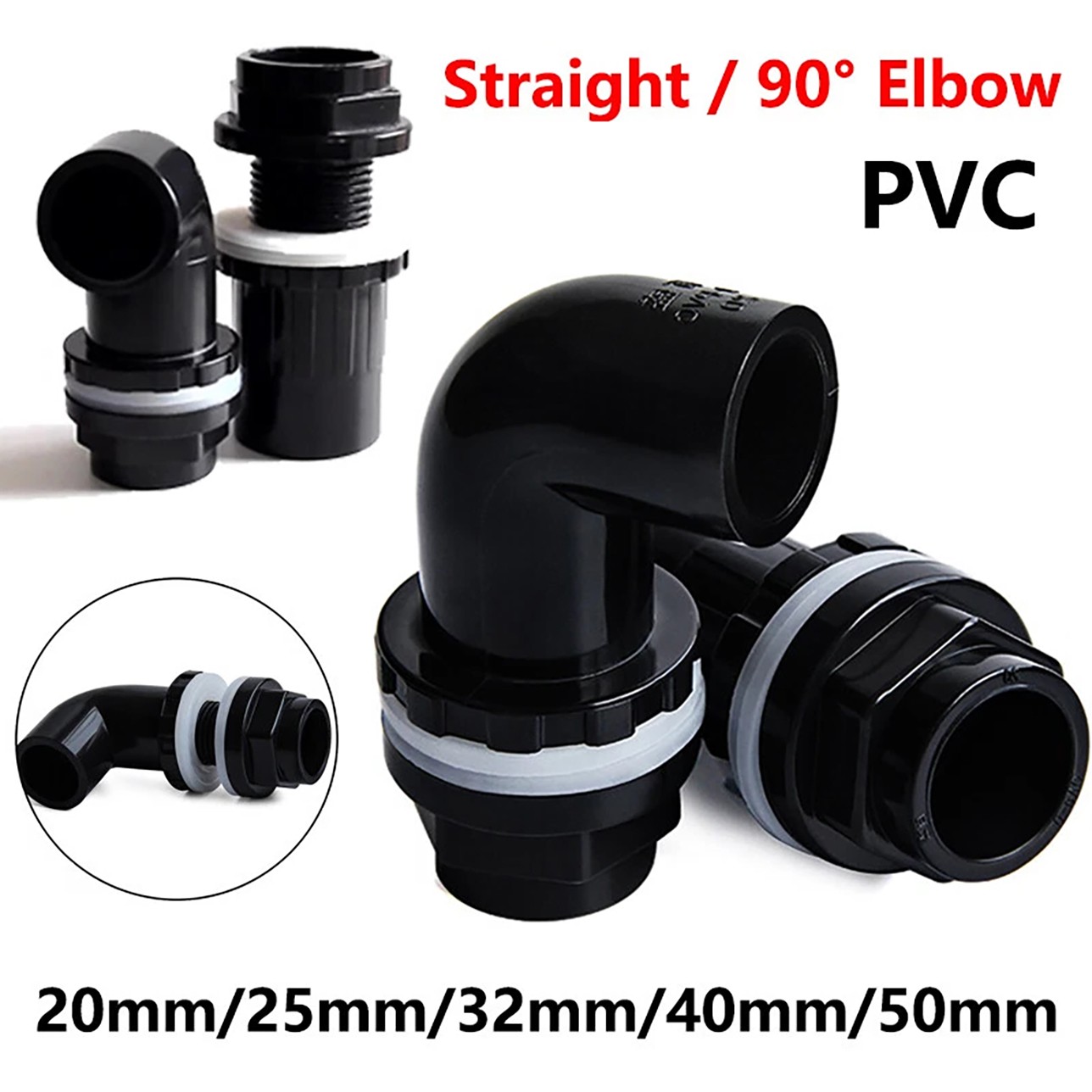 PVC 90° Elbow Pipe Fittings Black 20mm~50mm Tank Connector Bulkhead For Aquarium