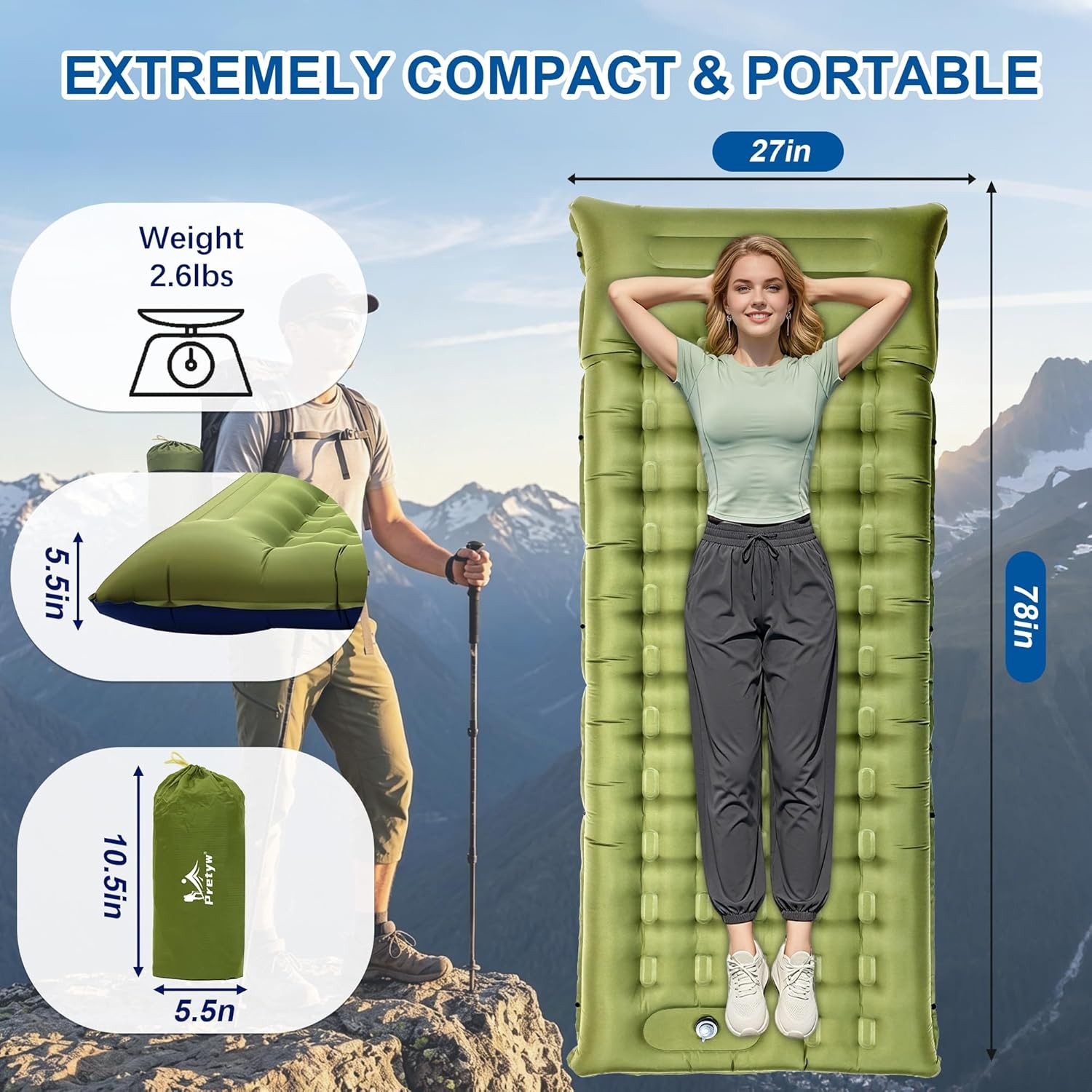 5.5 Inch Thick Self Inflating Sleeping Pad with Pillow Camping Bed Hiking