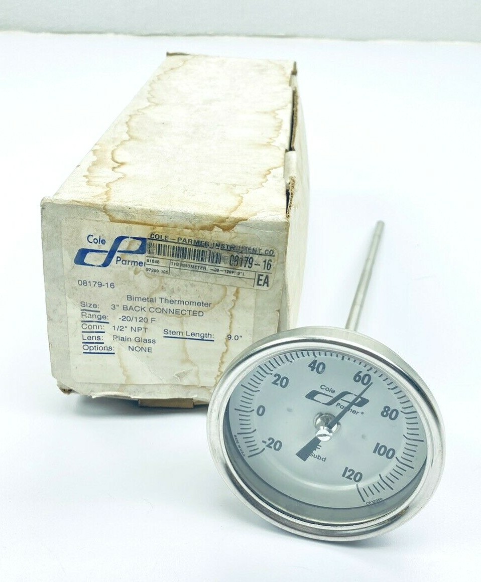 NEW COLE PARMER 08179-16 BIMETAL THERMOMETER 3" DIA. -20/120°F 1/2" NPT 9" STEM