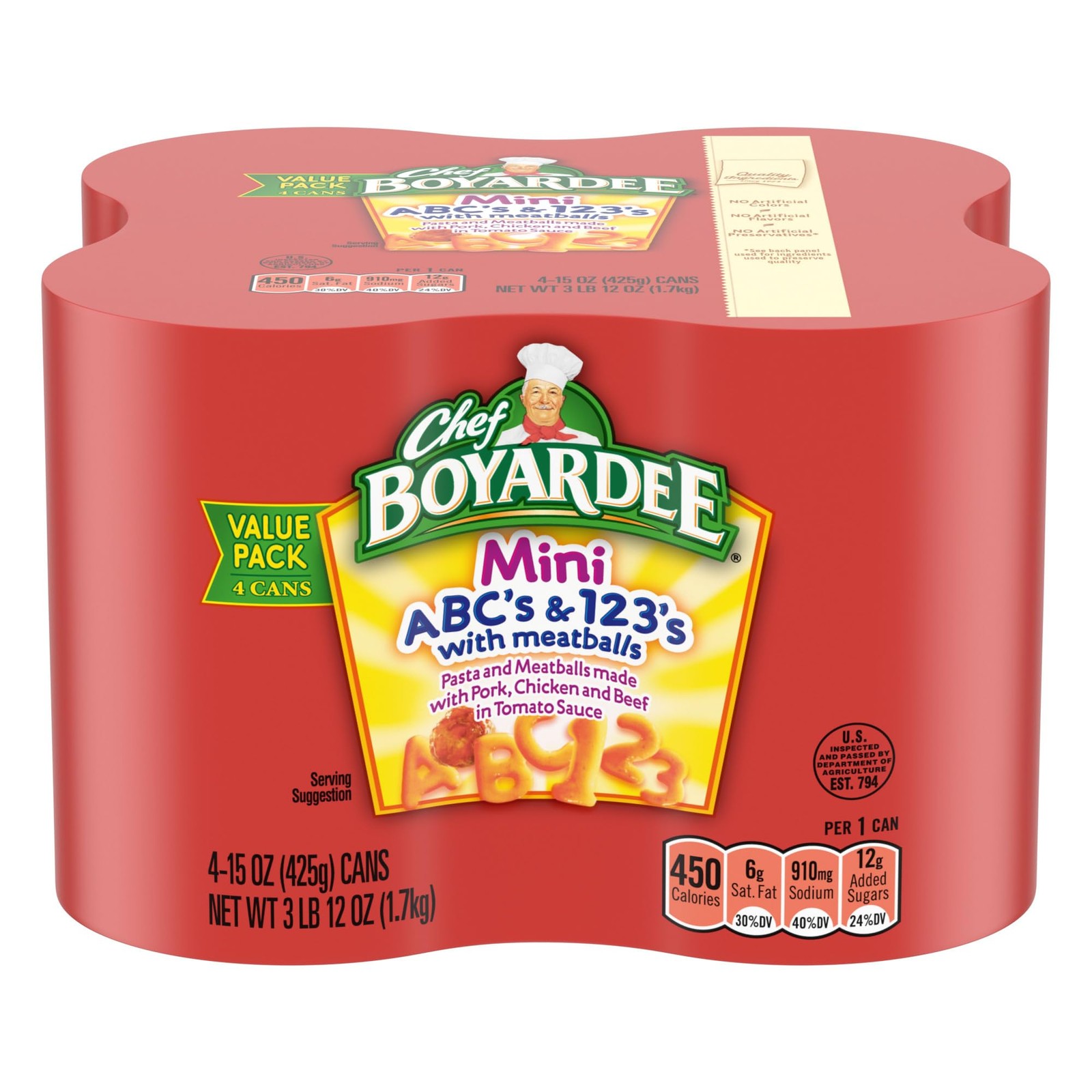 Chef Boyardee Mini 15 Ounce (Pack of 4), ABC's & 123's with Meatballs