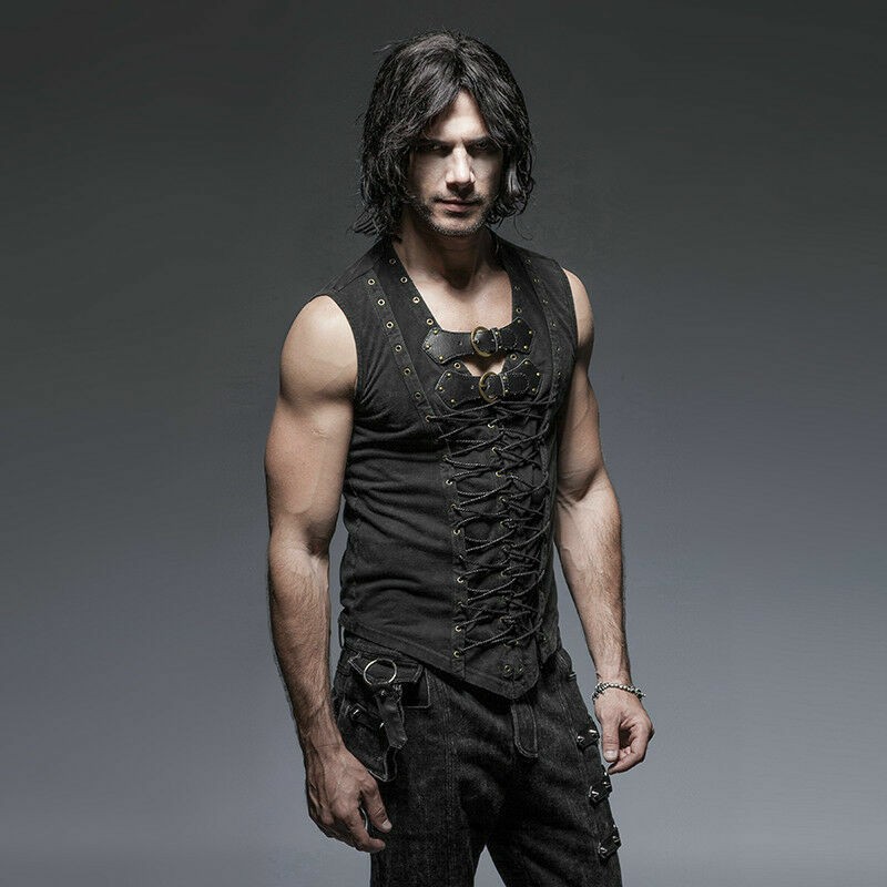 Punk Rave Men Black Steampunk Goth Rock Punk Vest Tank Top Sleeveless T Shirt