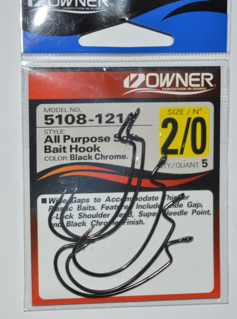 owner all purpose soft bait wide gap hooks size 2/0 5 per pack 5108-121