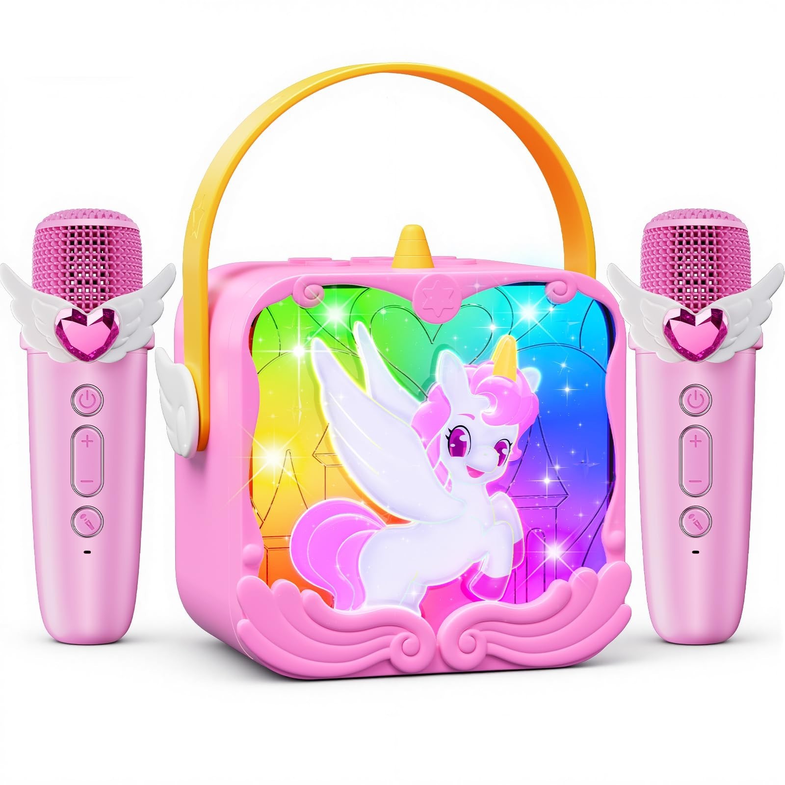 Unicorn Karaoke Machine with Wings & Castle Lights,2 Gem Wireless Microphones&5