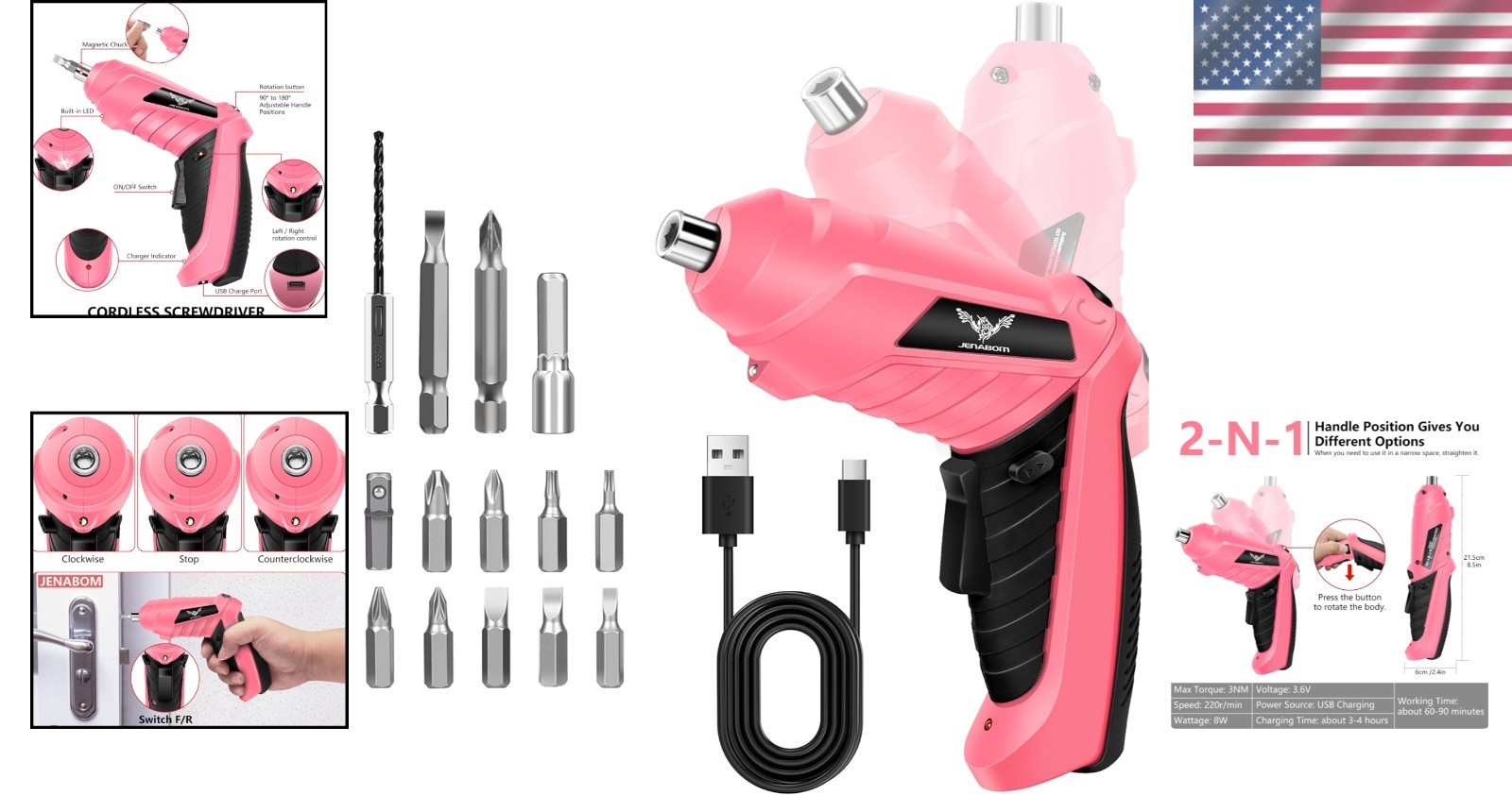Stylish 3.6V Pink Cordless Screwdriver with 14 Bits & LED Light - Efficient Tool