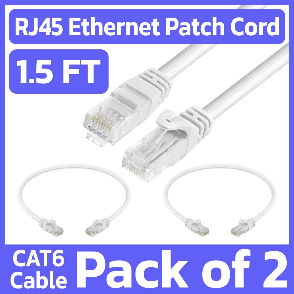 2 Pack 1.5 Feet Cat6 Patch Cable White LAN Ethernet Cord Network Internet Cable