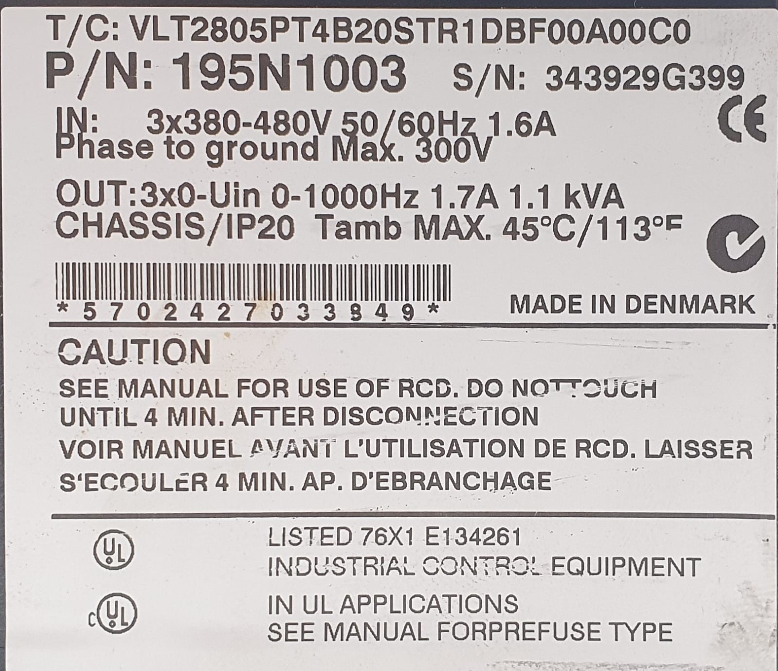 Danfoss VLT 2800 VLT2805PT4B20STR1DBF00A00C0 Variable Frequency Drive