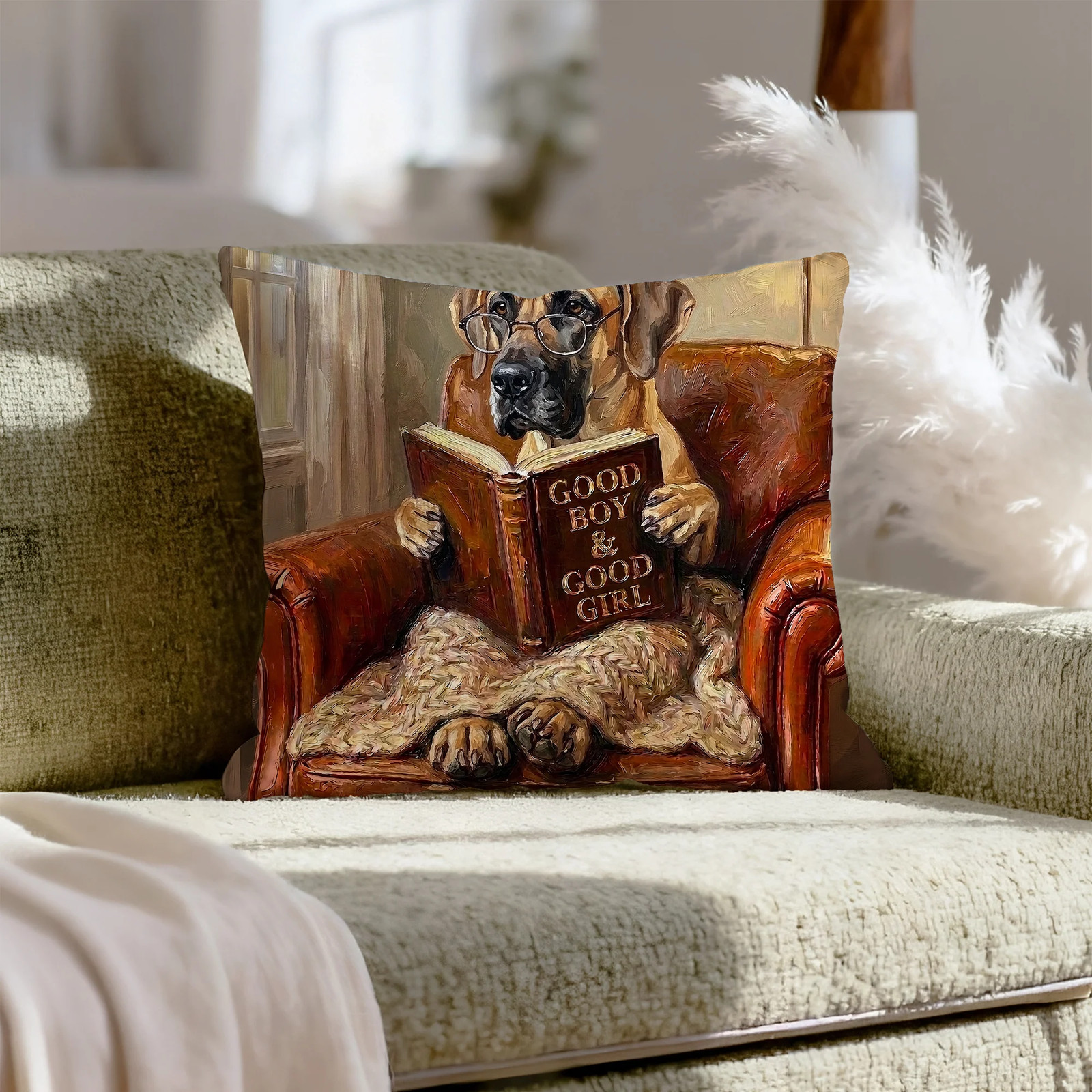 "Evening Read" - Great Dane Pillow Cover - Dog Lover Home Decor