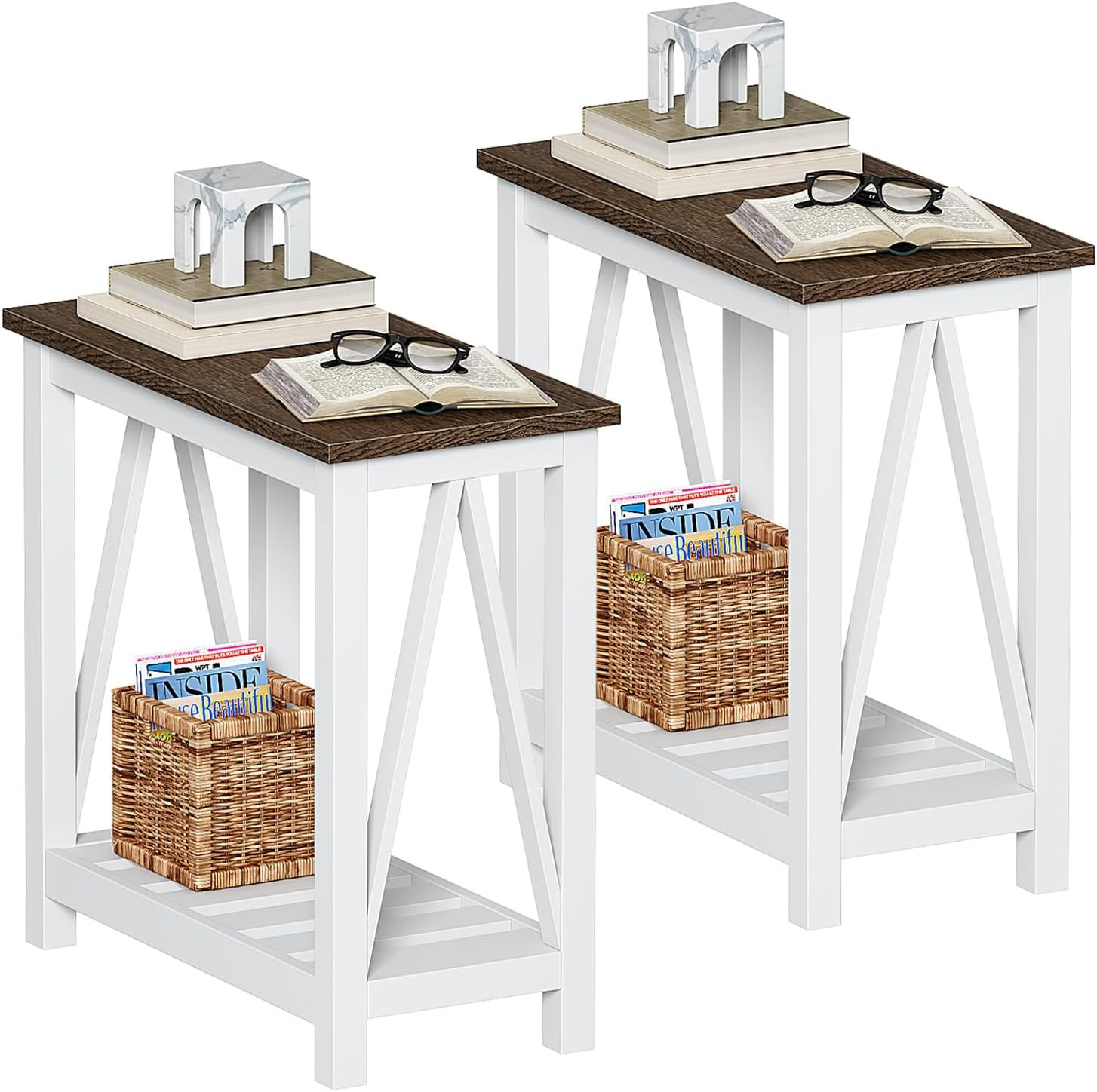 Farmhouse End Table Set of 2, Narrow Side Table with Shelf | Slim Bedside Table