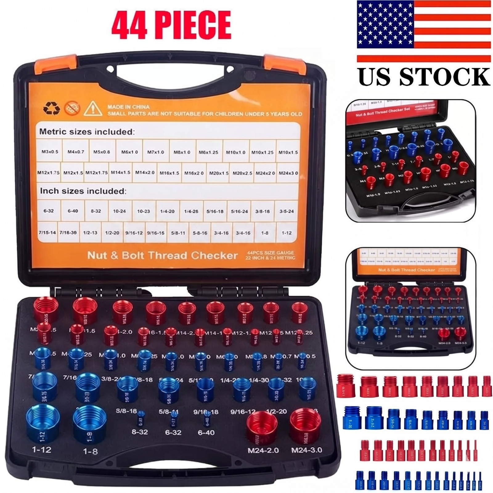 44pcs Inch & Metric Set Nut & Bolt Thread Checker Identifier Thread Gauges Box