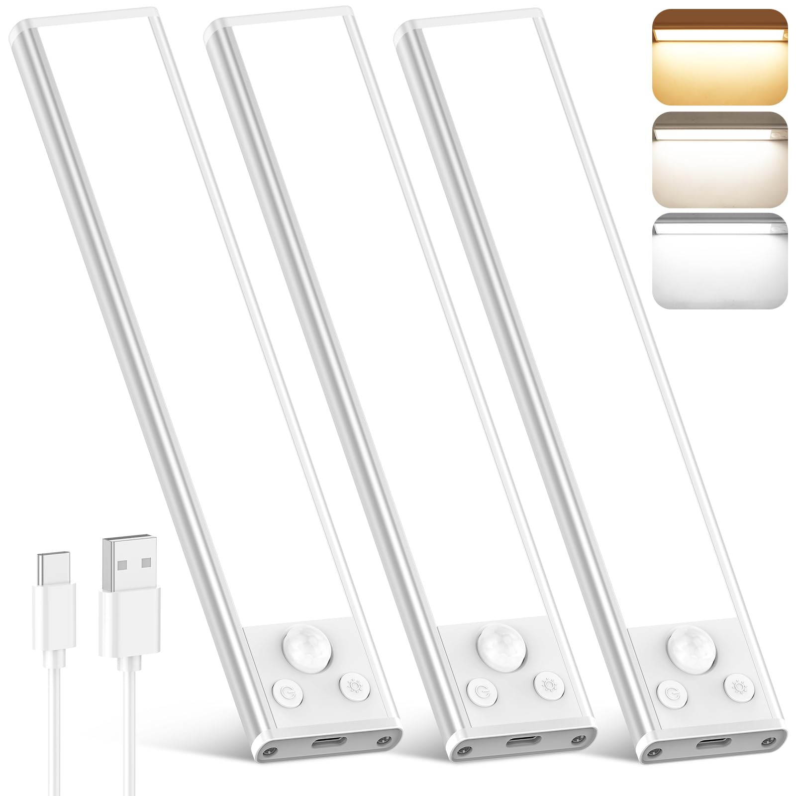 3Pack Under Cabinet Lighting, 68LED 1800mAh Motion Sensor Lights Indoor, 3 Co...