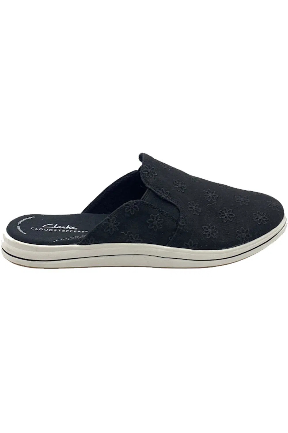 Clarks Cloudsteppers Canvas Slip-on Mules Breeze Shore Black Floral