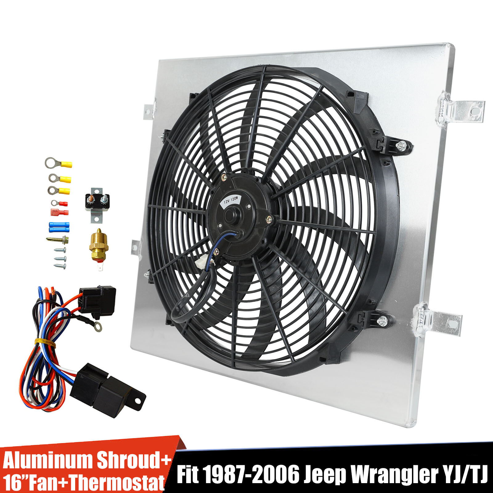 Aluminum Shroud Fan+Thermostat Relay Fit Radiator 1987-2006 Jeep Wrangler YJ TJ