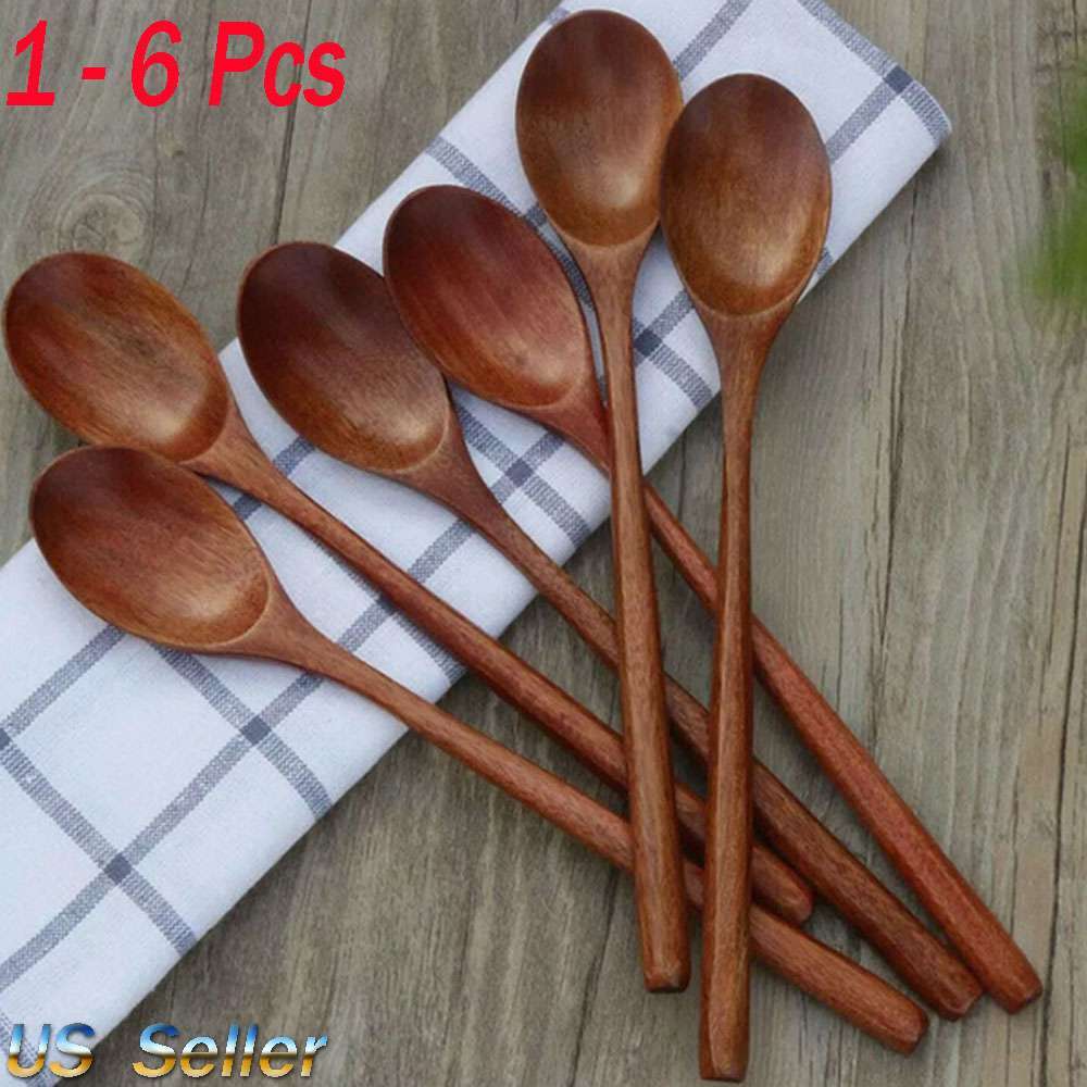 1-6Pcs 13" Wooden Spoon Kitchen Spices Natural Wood Long Handle Eating Spoons US