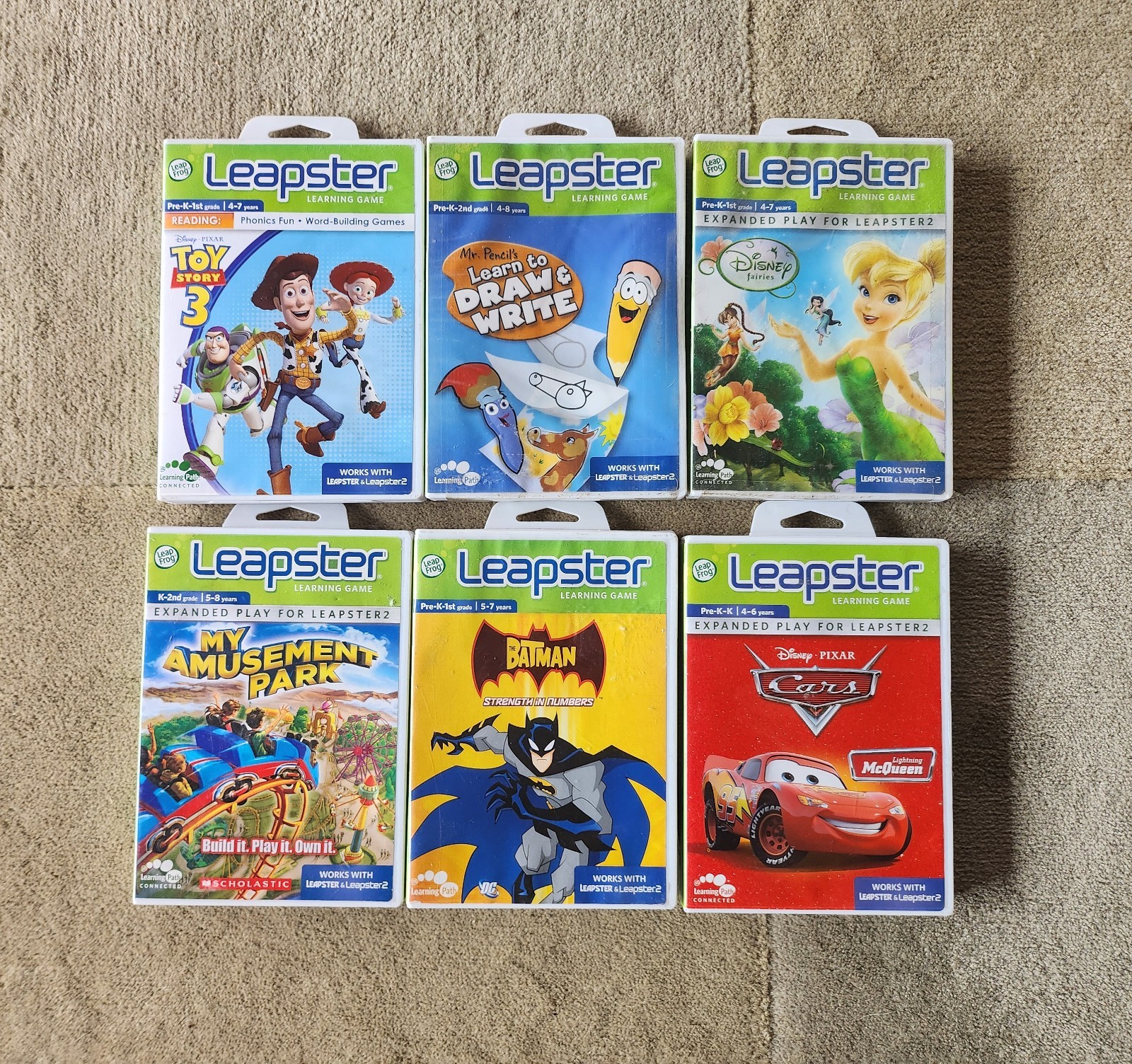 Leap Frog LeapPad Leapster Games Lot of 6 Fairies, Dora, Cars, Toy Story, Batman