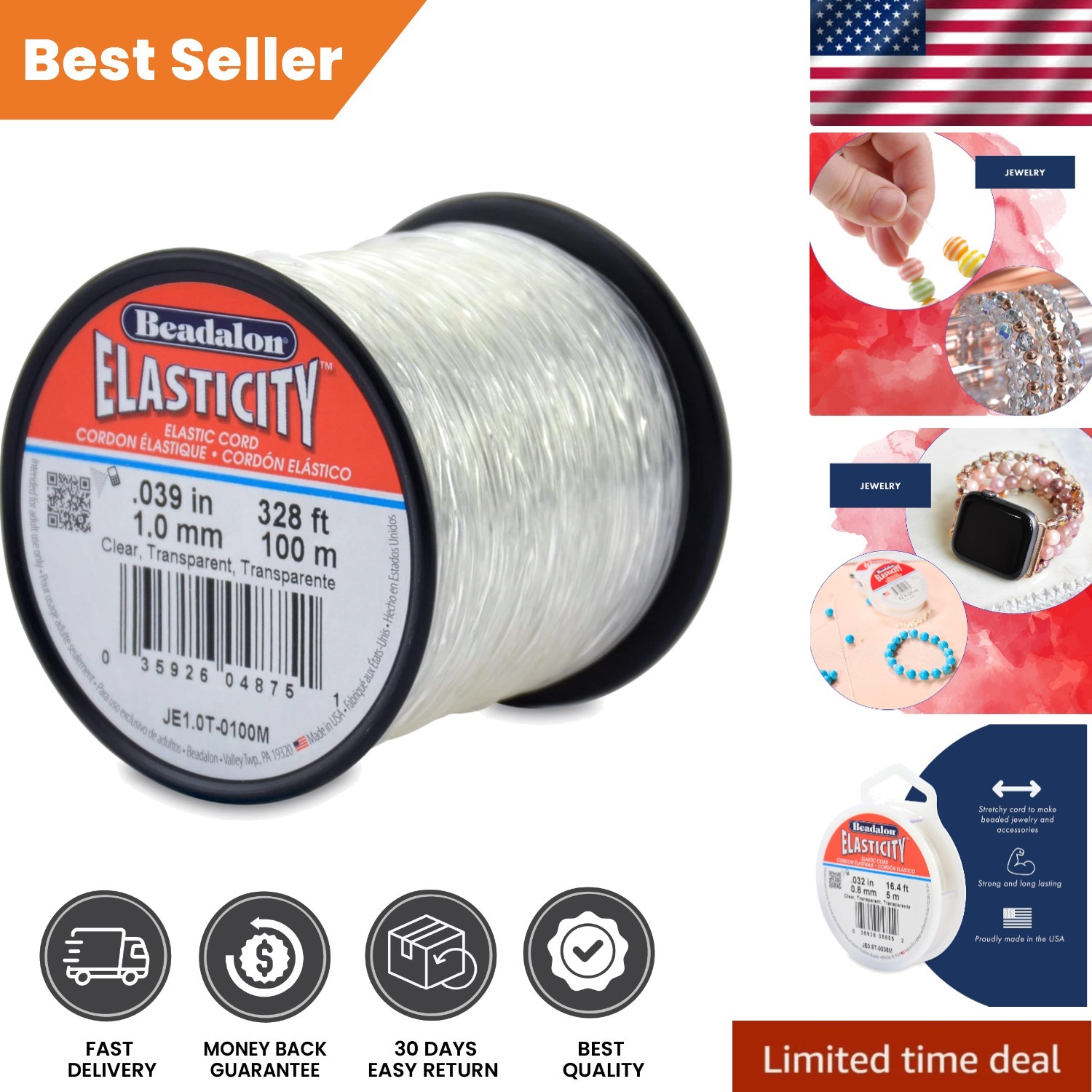 Professional Quality 100 m Clear Elastic Cord, 1.0 mm - Ideal for Jewelry Making