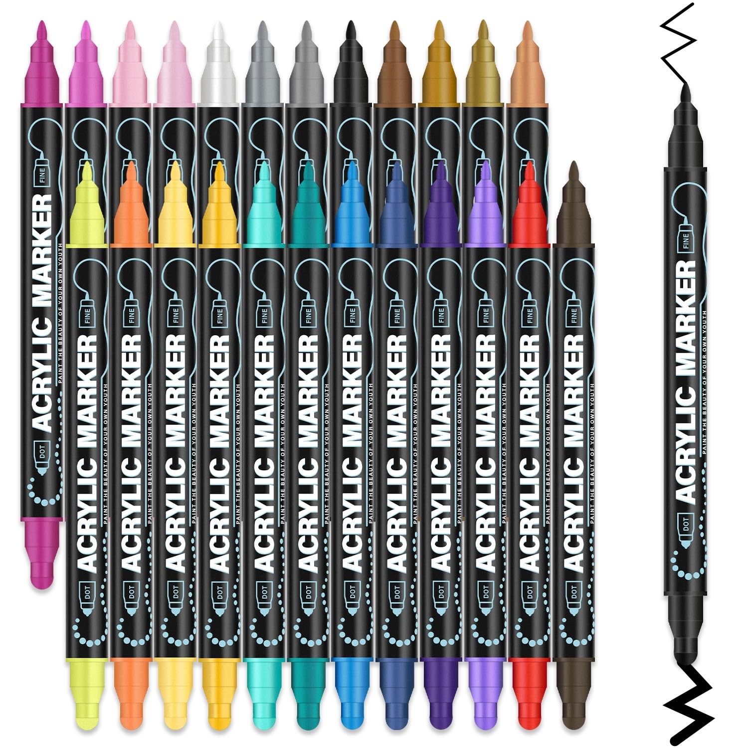 Acrylic Paint Markers, 24 Colors Acrylic Markers Set, Dual Tip Fine & Dot Point