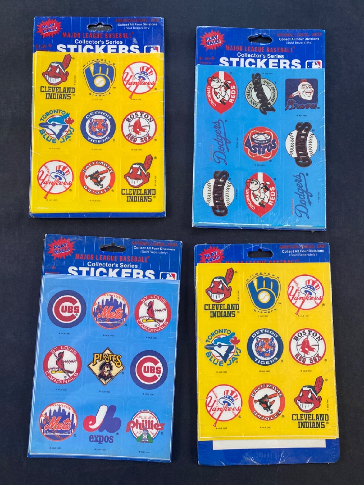 (4) MLB Stickers Vintage Sealed Unopened Expos Indians Orioles Cardinals Reds