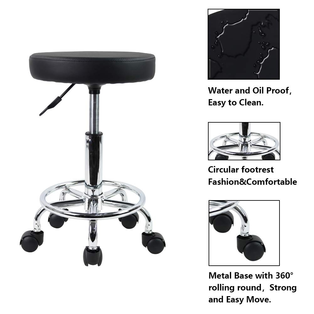 Leather Round Rolling Stool with Foot Rest Swivel Height Adjustment
