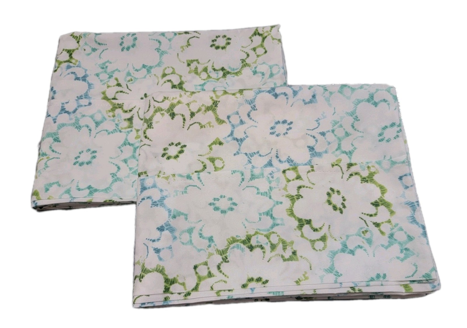 Set of 2 Blue, Green, White Floral Pillowcases 30 X 31 Stan/Queen