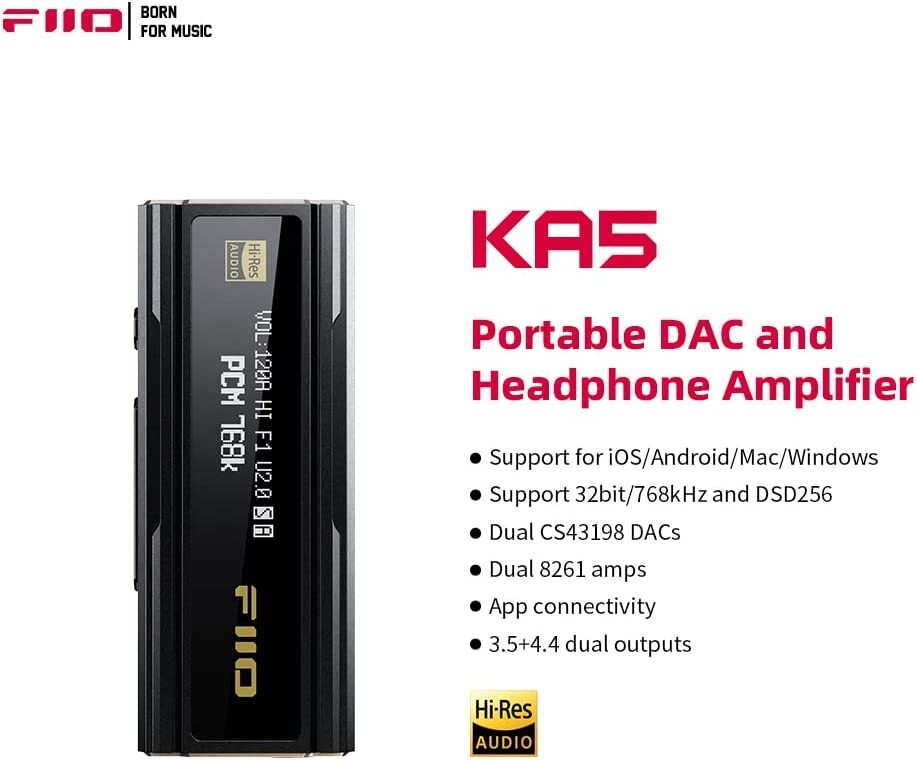 FiiO JadeAudio KA5 USB DAC Headphone Amp w/dual CS43198, Vol Control, PCM 768kHz