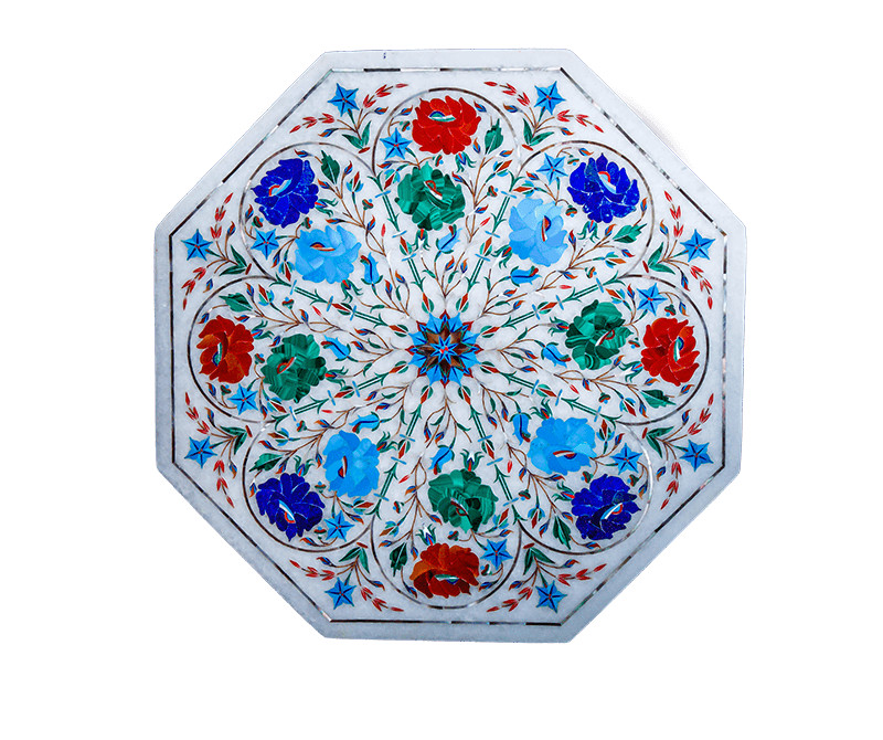 18" White Marble Table Top Semi Precious Stone Floral Inlay Home Decor