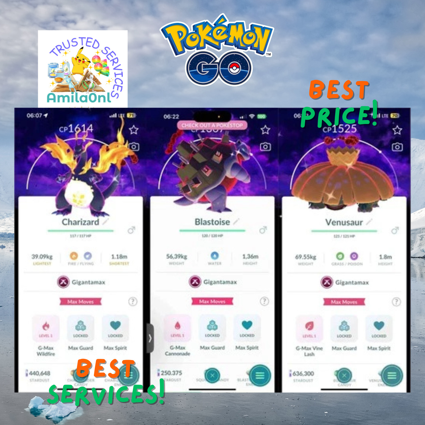 Shiny Charizard Blastoise Venusaur GlGANTAMAX Background Dark Skies -Mini PTC