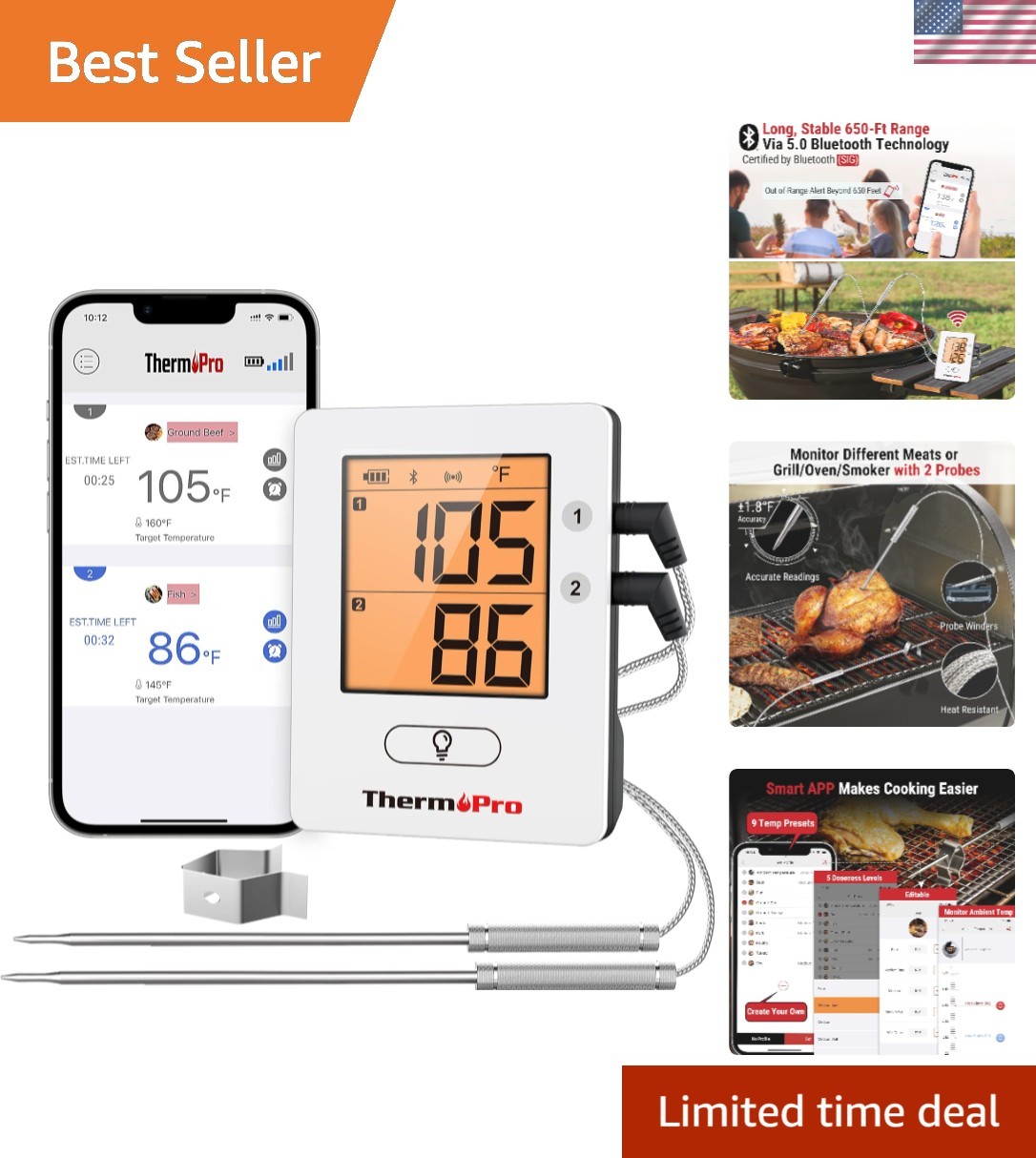 650FT Bluetooth Meat Thermometer with 2 Probes, Rechargeable, Alarm & Cook Time