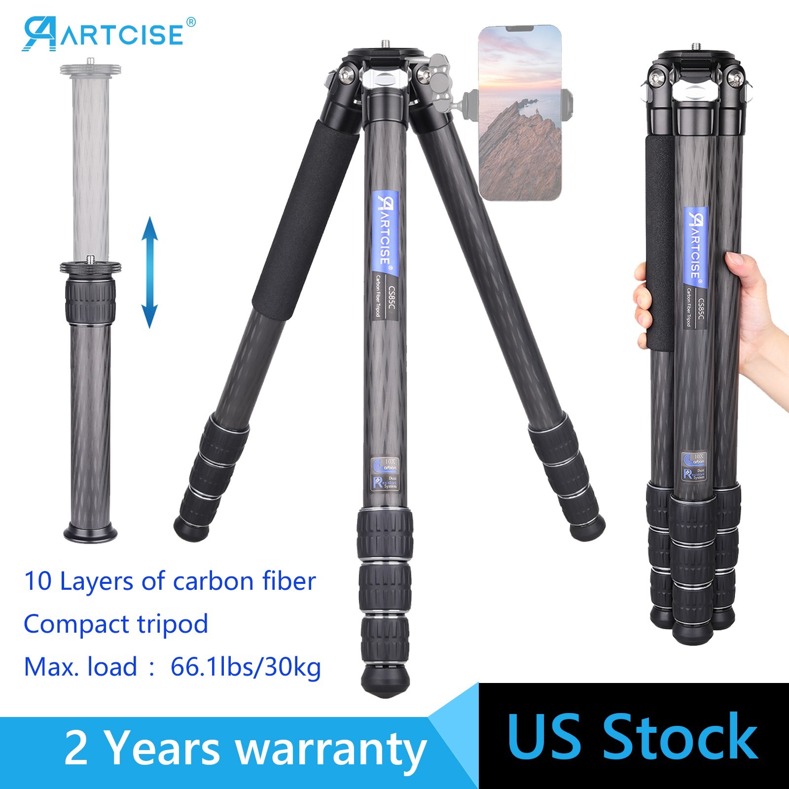 36MM Tube Carbon Fiber Tripod Compact Travel Tripod Heavy Duty Camera Tripod