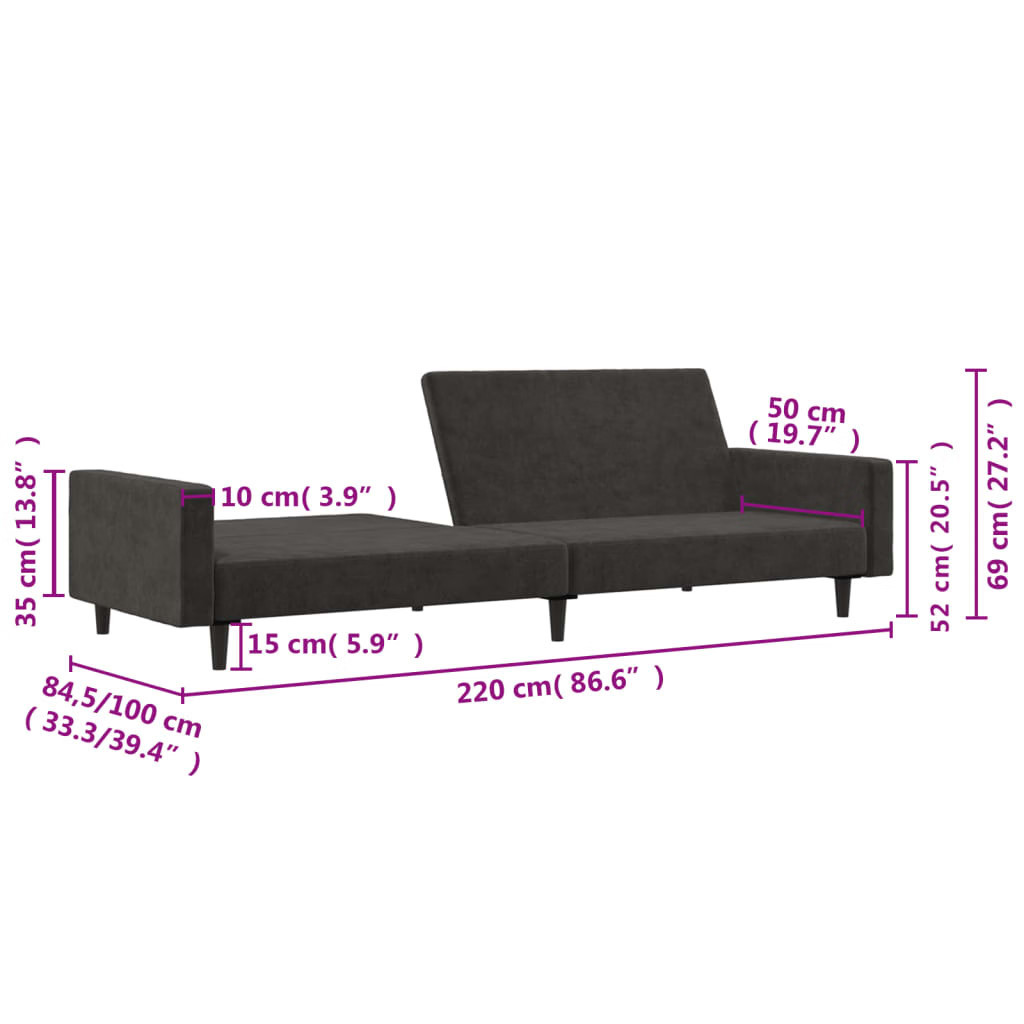 Sofa Bed Dark grey Velvet (100% polyester), wood, plastic 2-seater
