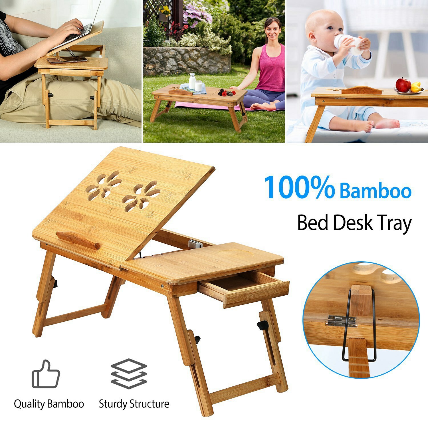 Bamboo Folding Laptop Computer Notebook Table Bed Desk Bed Tray Adjustable Stand