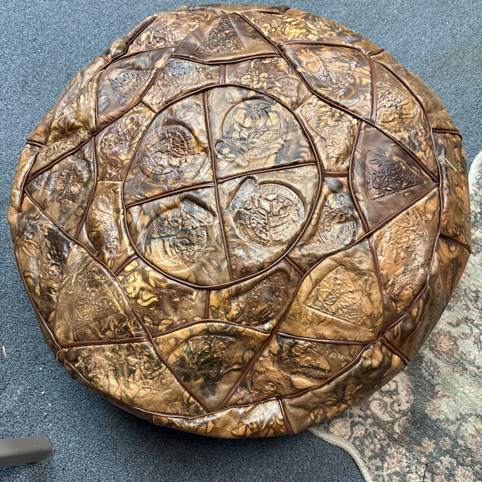 Moroccan Pouf Leather Ottoman, Will Come Unstuffed