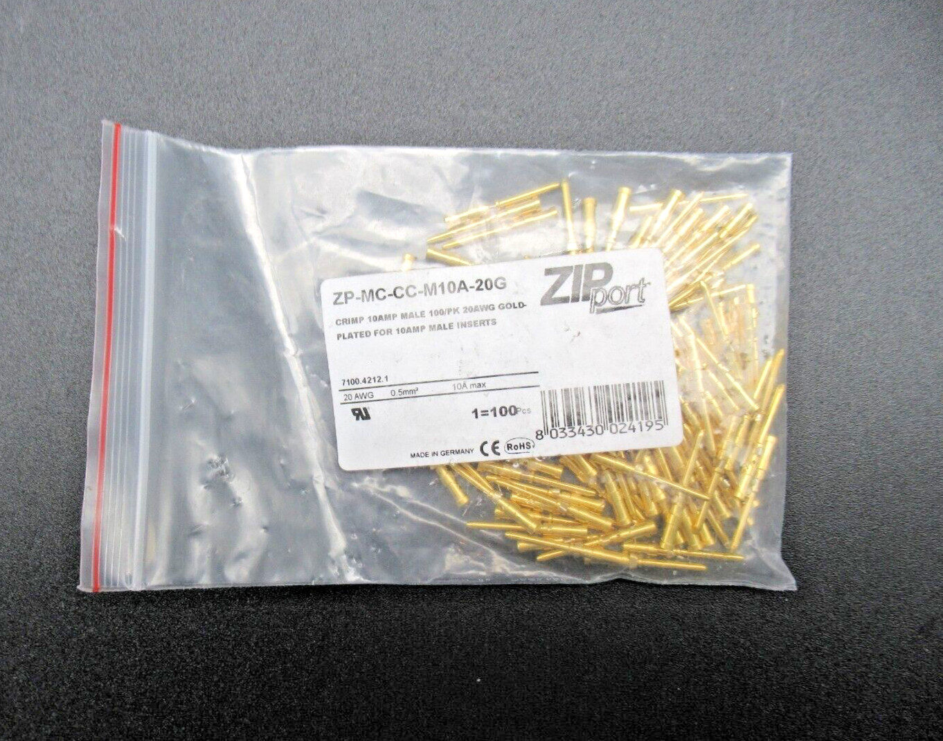 100 Pack AUTOMATION DIRECT Zipport ZP-MC-CC-M10A-20G Crimp 10A Male 20AWG Gold