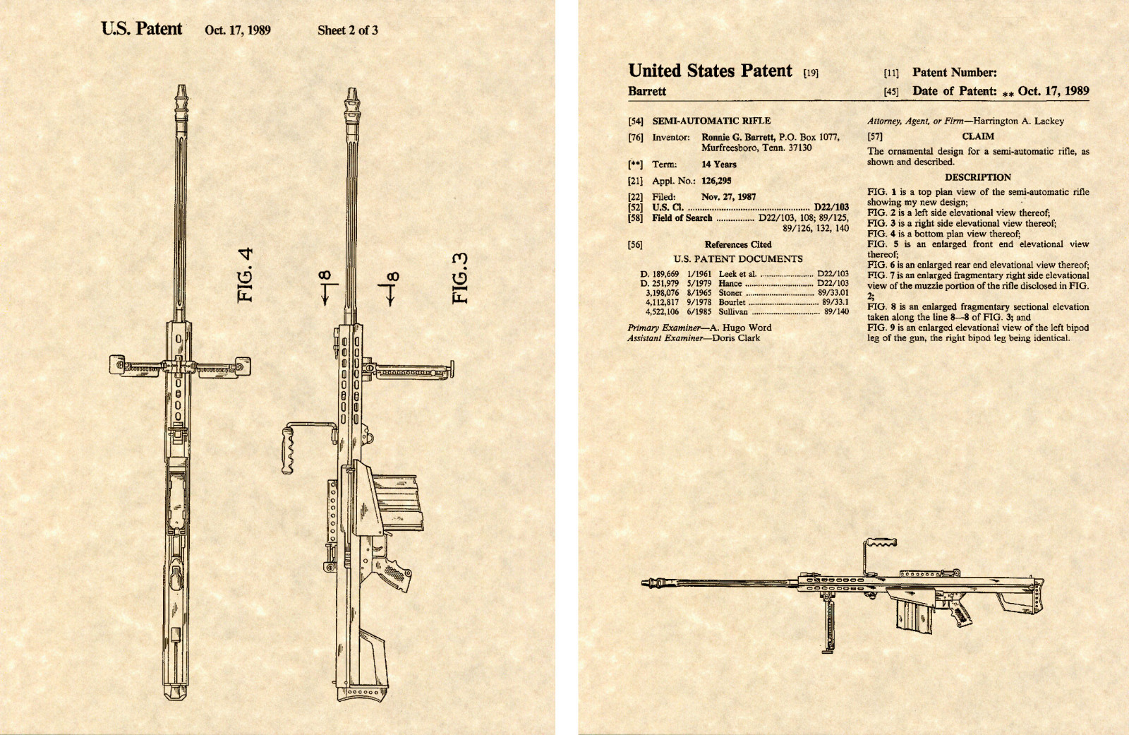 M82 BARRETT 50 CAL SEMI AUTO RIFLE PATENT Art Print READY TO FRAME!!!!! .50