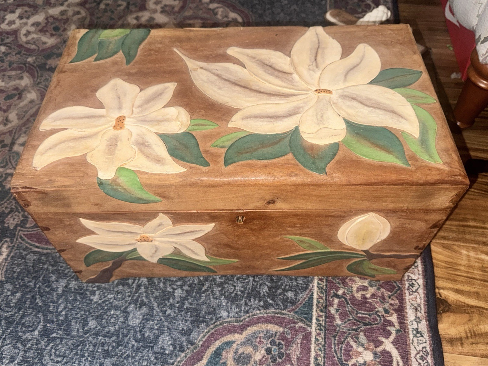 3D hand carved hand painted wood Flower Chest Box vintage 20 X 11 X 10.5”