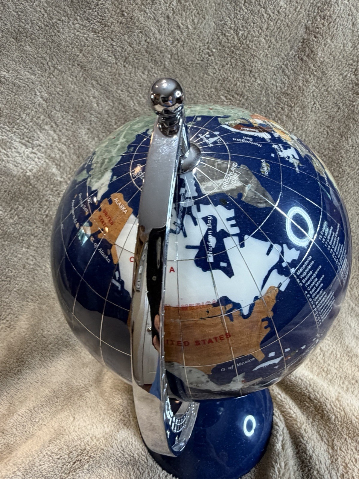 Blue Semi Precious Gemstone 5" Earth Globe With Stand