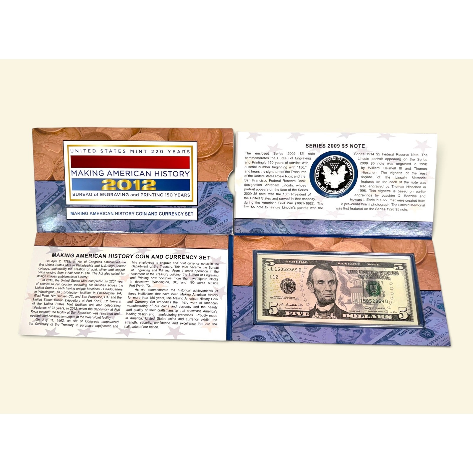 2012 Making American History Coin & Currency Set Proof Silver Eagle S $5 Note C1