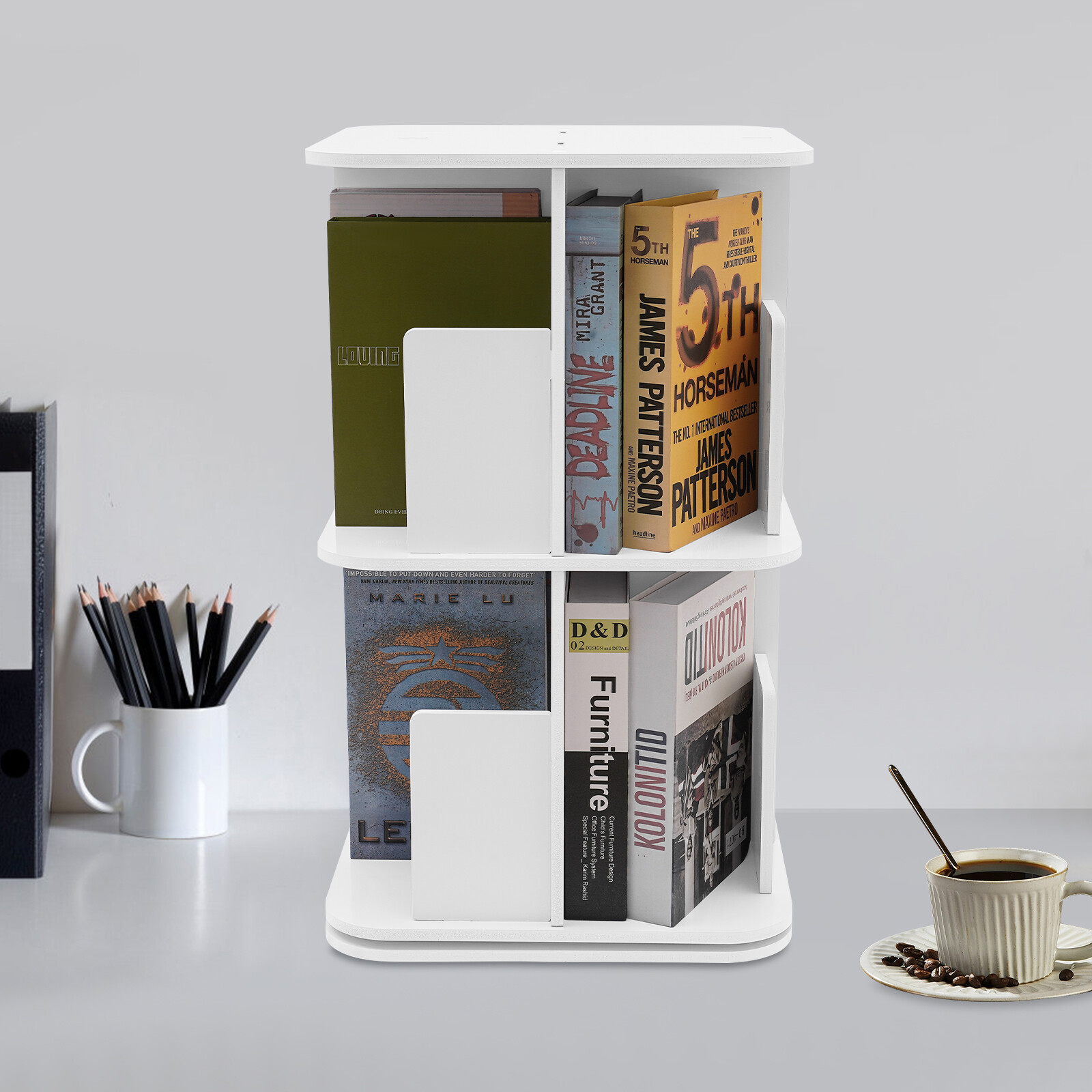 Rotating Bookshelf White 2 Tier Standing Bookcase Small Corner Bookcase US