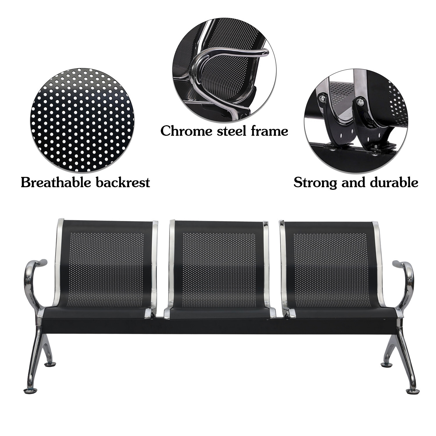 Heavy Duty 3-Seat Airport Office Waiting Chair Salon Bench Seat Black