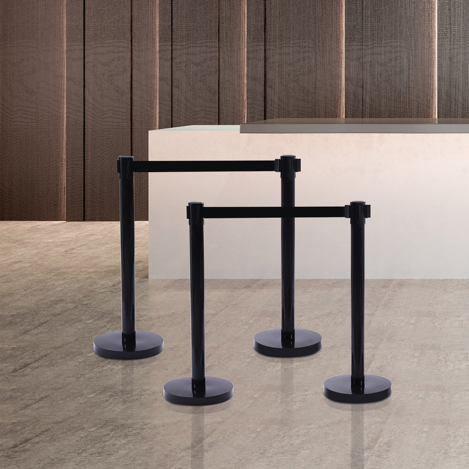 4Pcs Crowd Control Barrier Queue Poles Black Retractable Belt Stanchion Posts