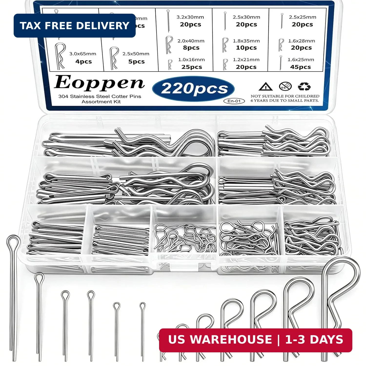 220Pcs Cotter Pin Assortment Kit 304 Stainless Steel 13 Sizes Cotter Pins & R Cl