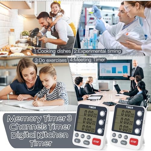 2Pcs Digital Dual Kitchen Timer,3-Channel Magnetic Countdown Stopwatch Timer